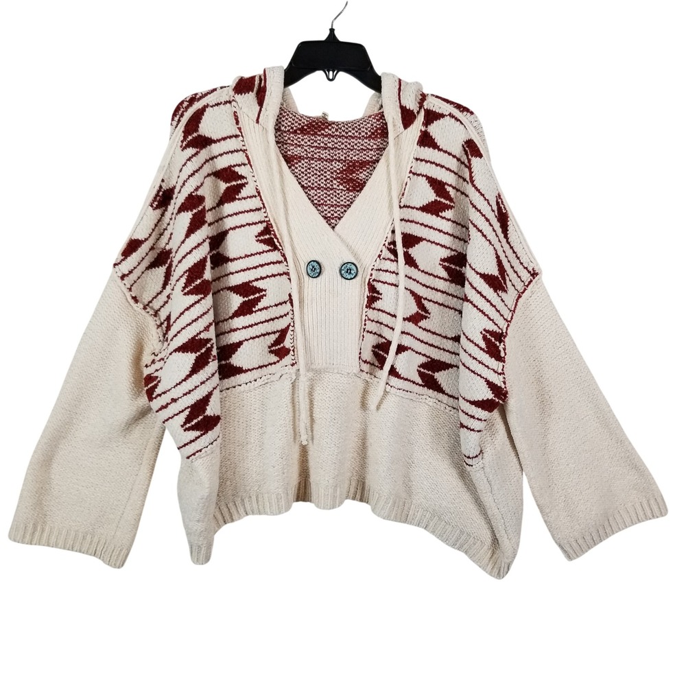 POL Women Cream Burgundy Southwestern Chenille Knit Oversized Hoodie Sz Small